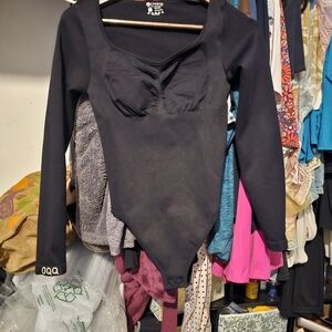 Black Long Sleeve Compression Bodysuit with Scoop Neck